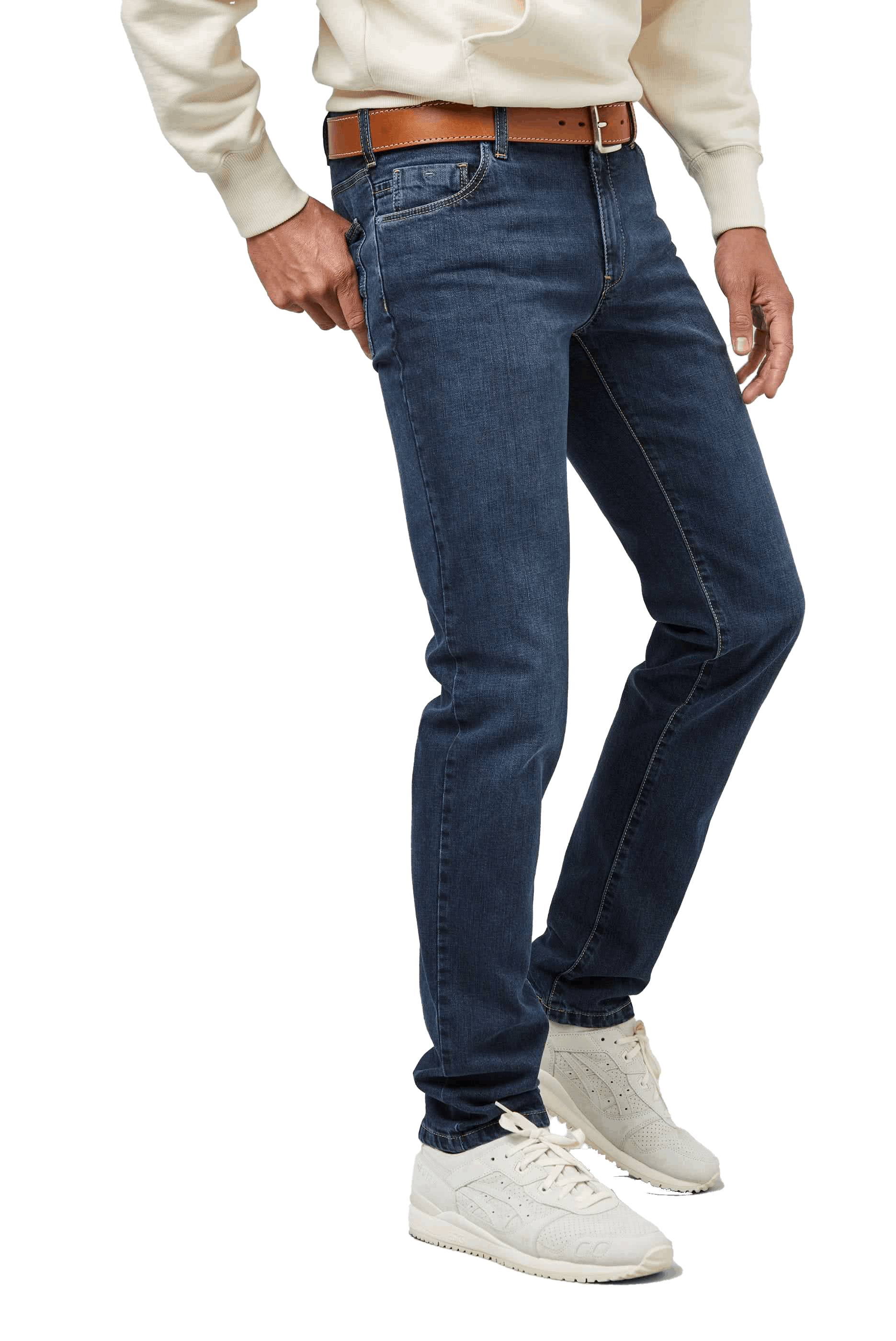 close up of model wearing designer meyer m5 blue denim jeans