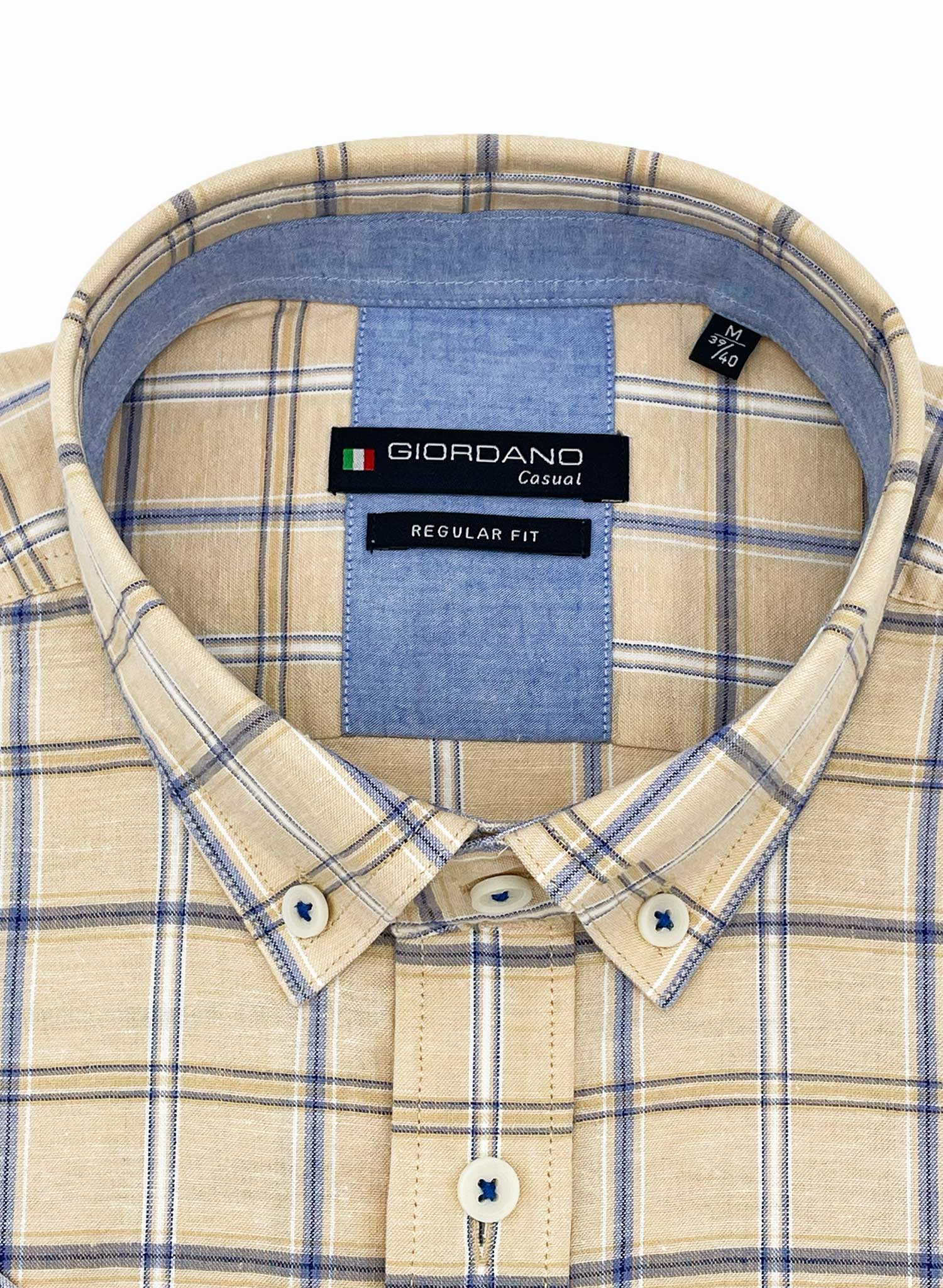 Giordano Beige Check Linen Short Sleeve Shirt cropped to show collar and blue trim