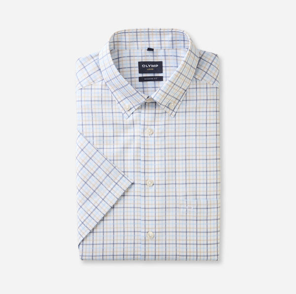 Olymp Luxor Modern Fit Shirt – Crisp White & Blue Check with Button-Down Collar