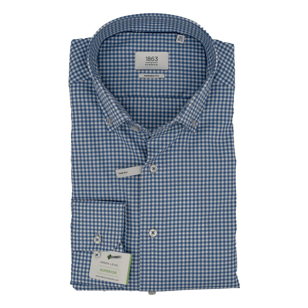 Eterna 1863 Gingham Button Down Blue Check Long Sleeve Shirt