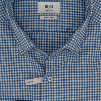 Eterna 1863 Gingham Button Down Blue Check Long Sleeve Shirt