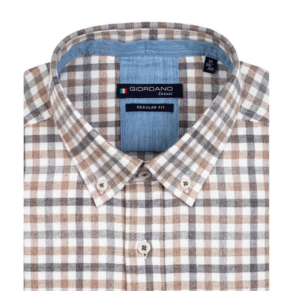 Giordano Men's Check Shirt Brushed Cotton Long Sleeve Grey/Brown Check