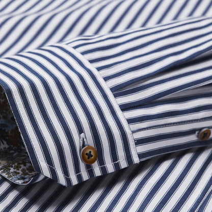 Bugatti Men's Long Sleeve Shirt Navy Blue Stripe with Floral Twill