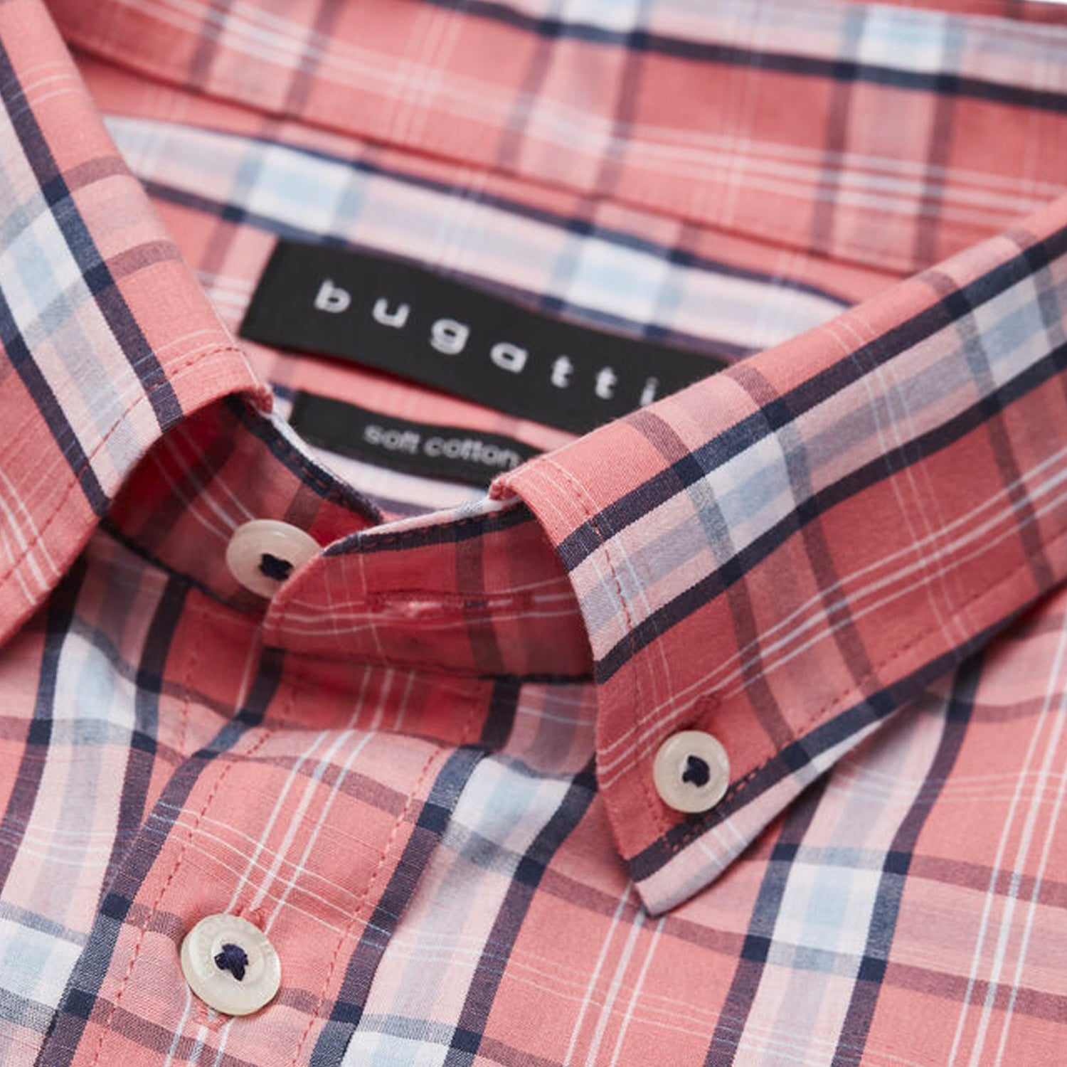 Bugatti Men's Long Sleeve Shirt Broad Check Salmon Pink