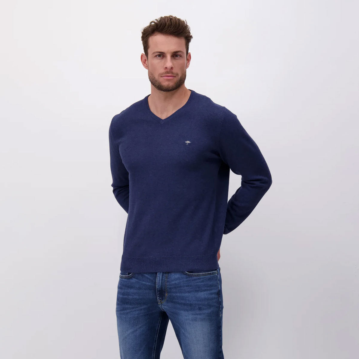 Fynch Hatton Men's Blue V-Neck Sweater Superfine Cotton