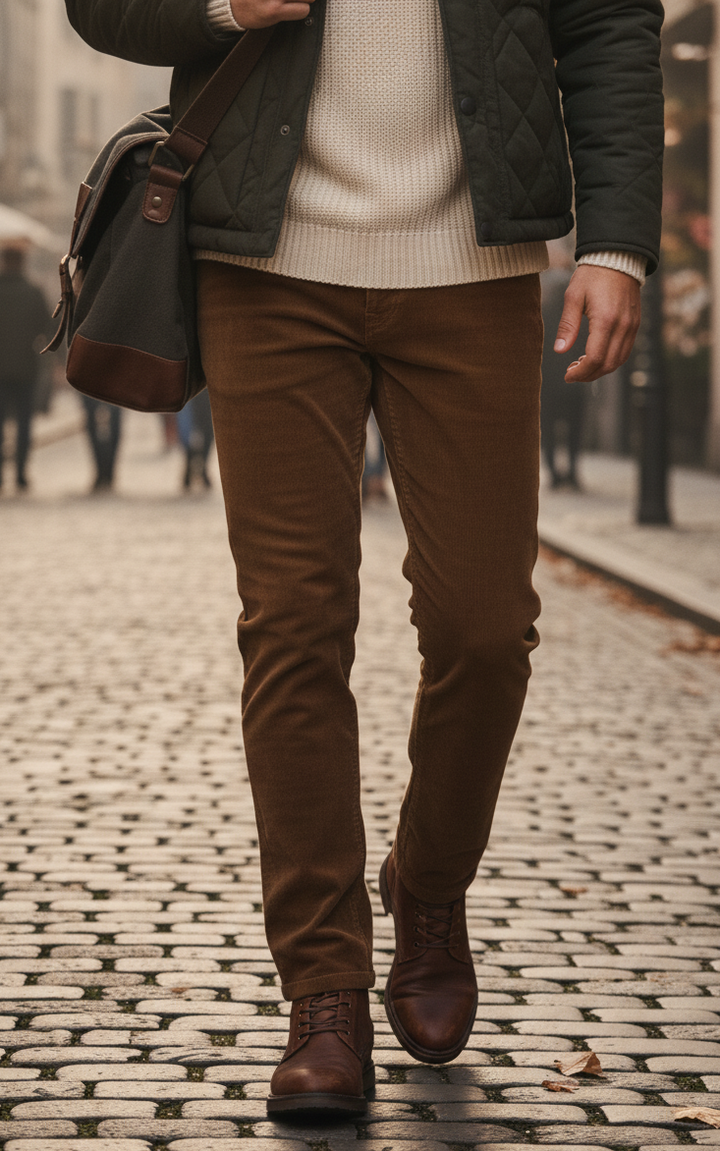 Person walking on a cobblestone street wearing brown pants and boots.