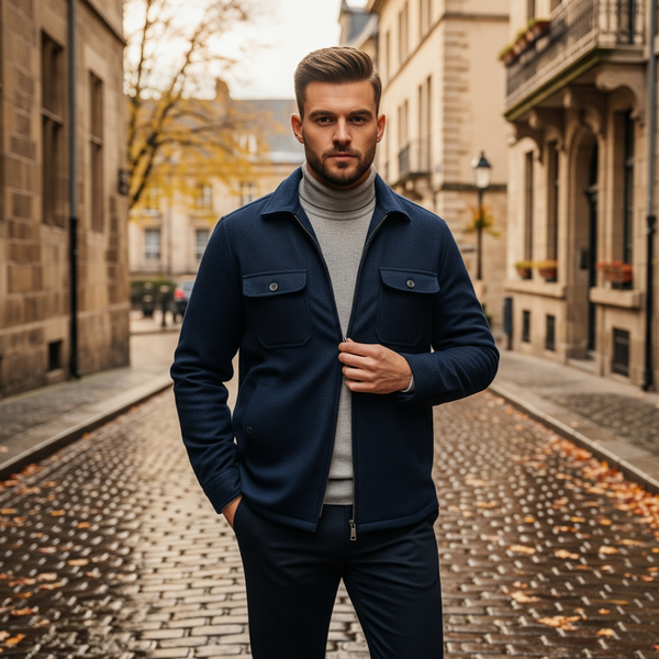 Man in a navy jacket standing on a cobblestone street with buildings in the background