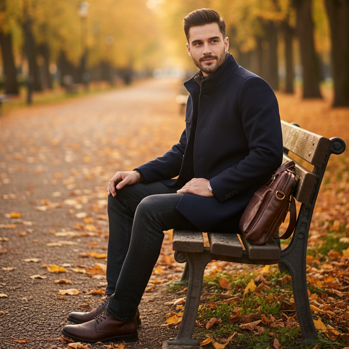 Man sitting on a bench in an autumn park with trees and fallen leaves.