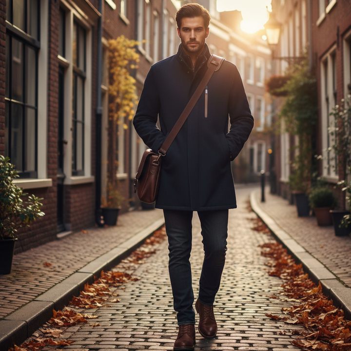 Man walking down a cobblestone street in an urban setting with brick buildings and potted plants.
