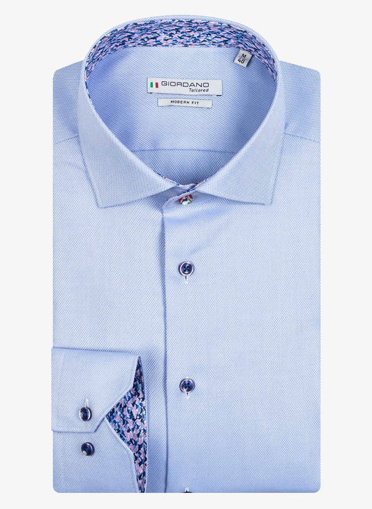 Giordano Modern Fit Blue Weave Long Sleeve Shirt with Dolphin Print Twill Folded Front