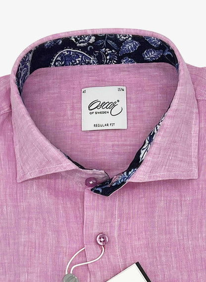 Oscar of Sweden Men's Pink Linen Shirt Long Sleeve Cropped to show Collar