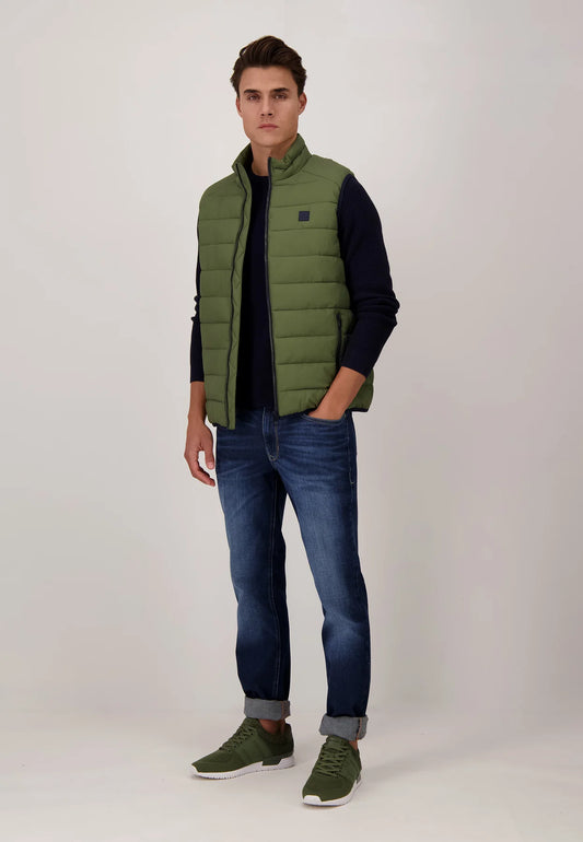 A Model Wearing Fynch-Hatton Quilted Top Padded Gilet Olive Green Front view with Hand in his Pocket