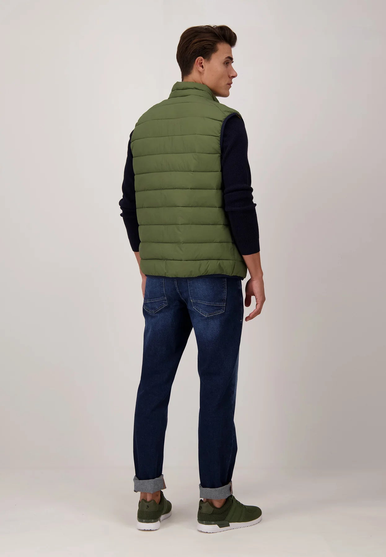 A Model Wearing Fynch-Hatton Quilted Top Padded Gilet Olive Green Rear View
