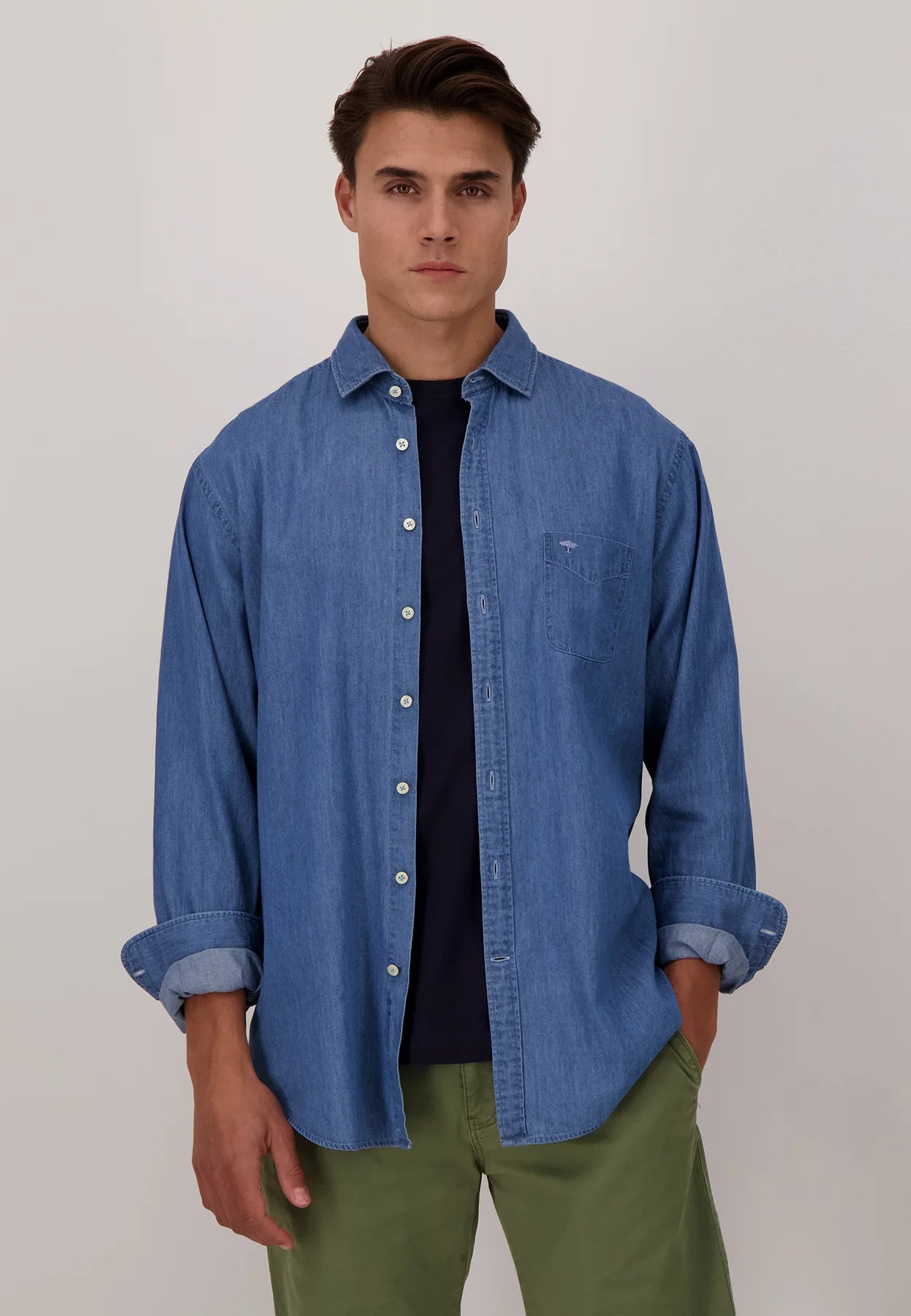 Fynch-Hatton Supersoft Cotton Long Sleeve Denim Shirt Blue