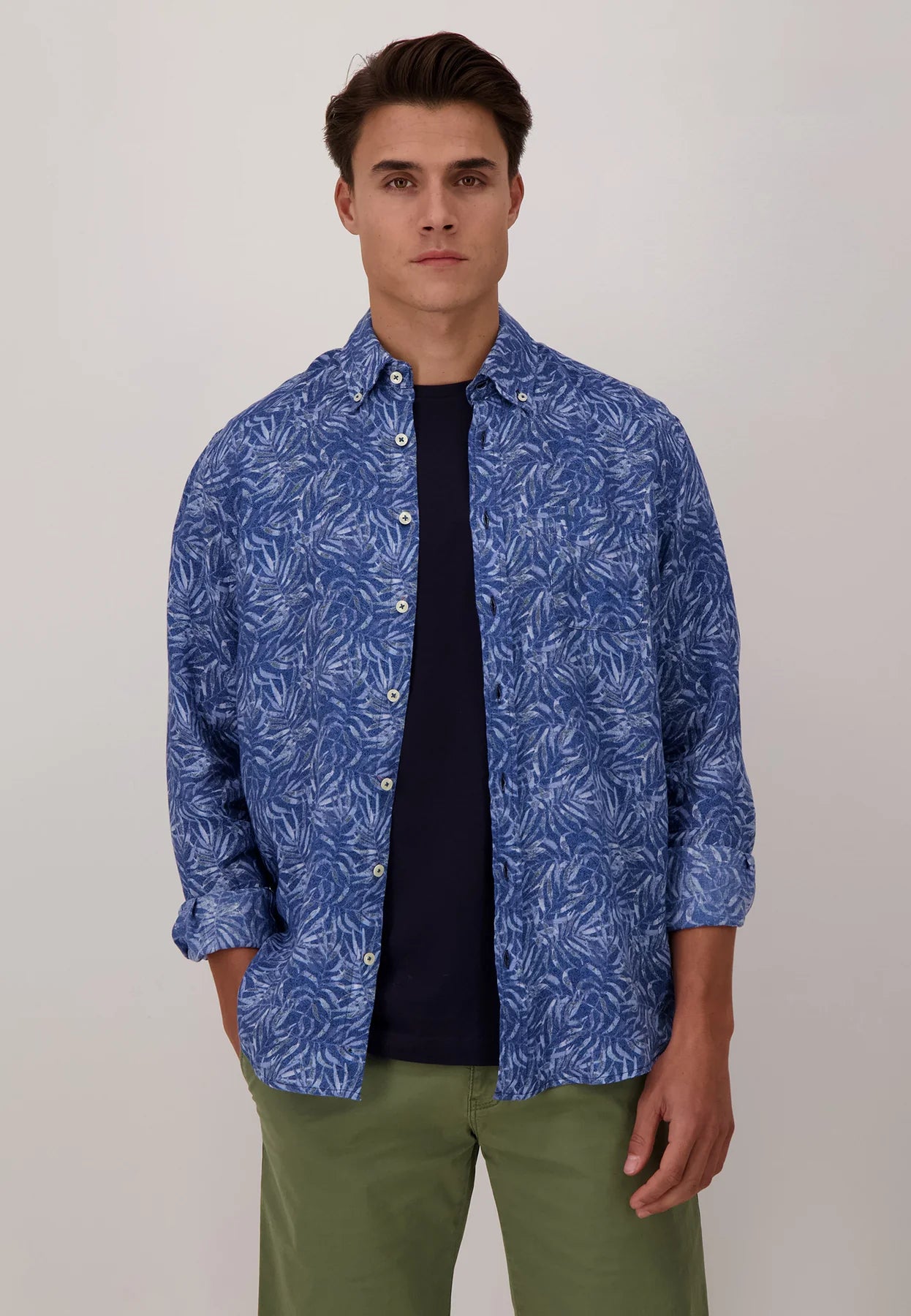 Fynch-Hatton Pure Linen Leaf Print Button Down Collar Long Sleeve Shirt Blue
