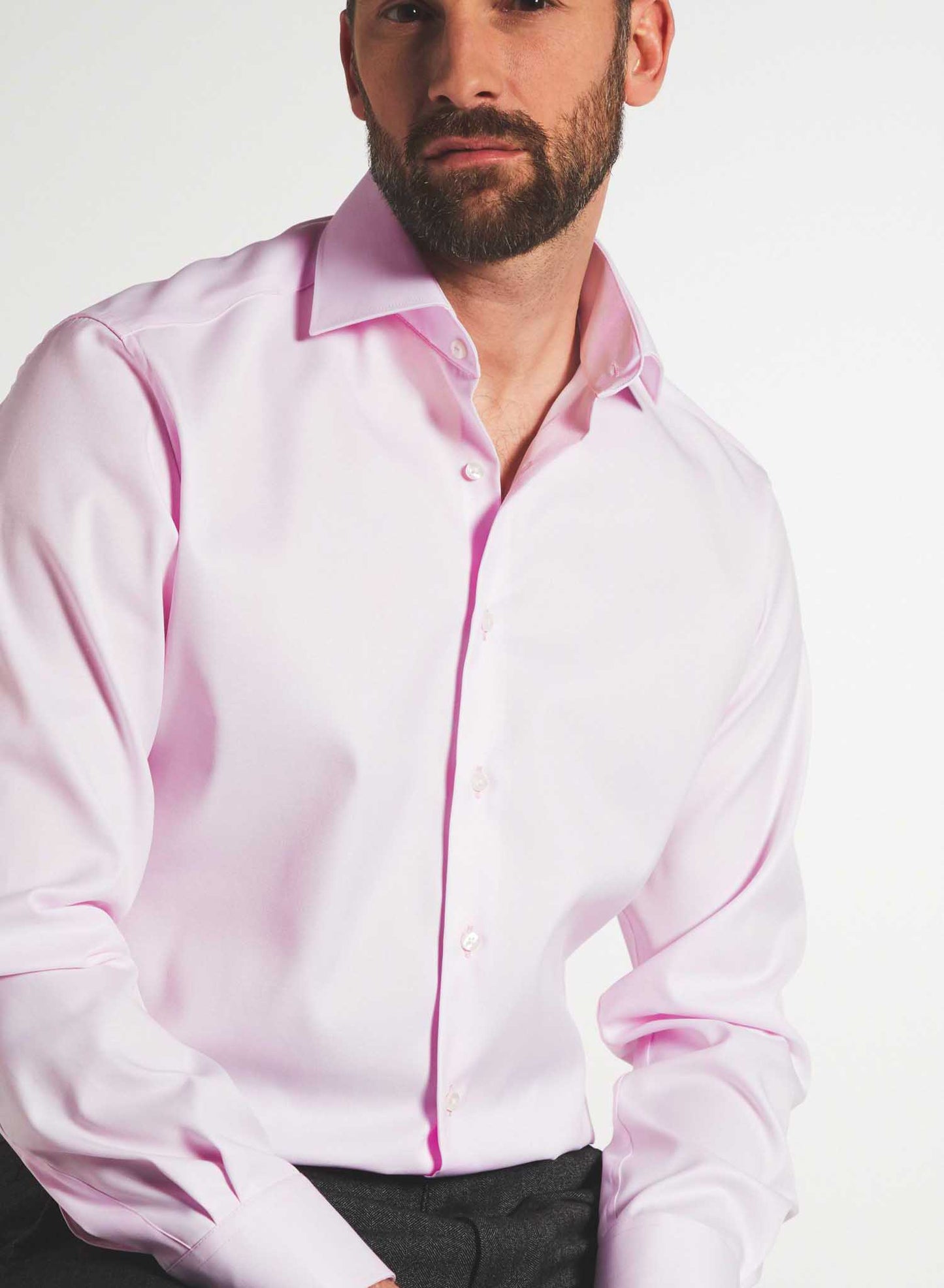 A model wearing Eterna 1863 Two Ply Long Sleeve Shirt Pink Alternative