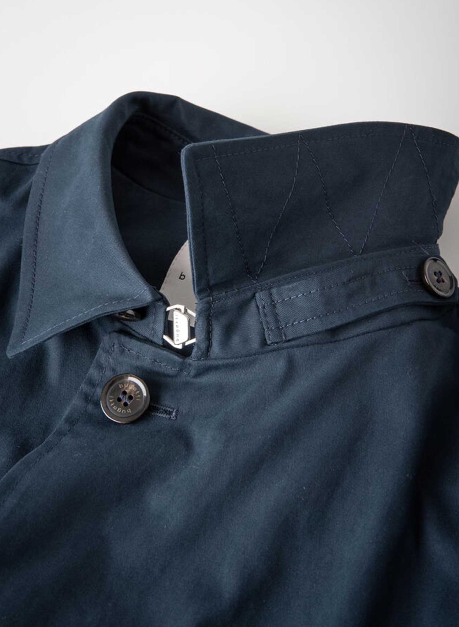 Bugatti 3/4 Poplin Cotton Coat Navy cropped to show Collar and button