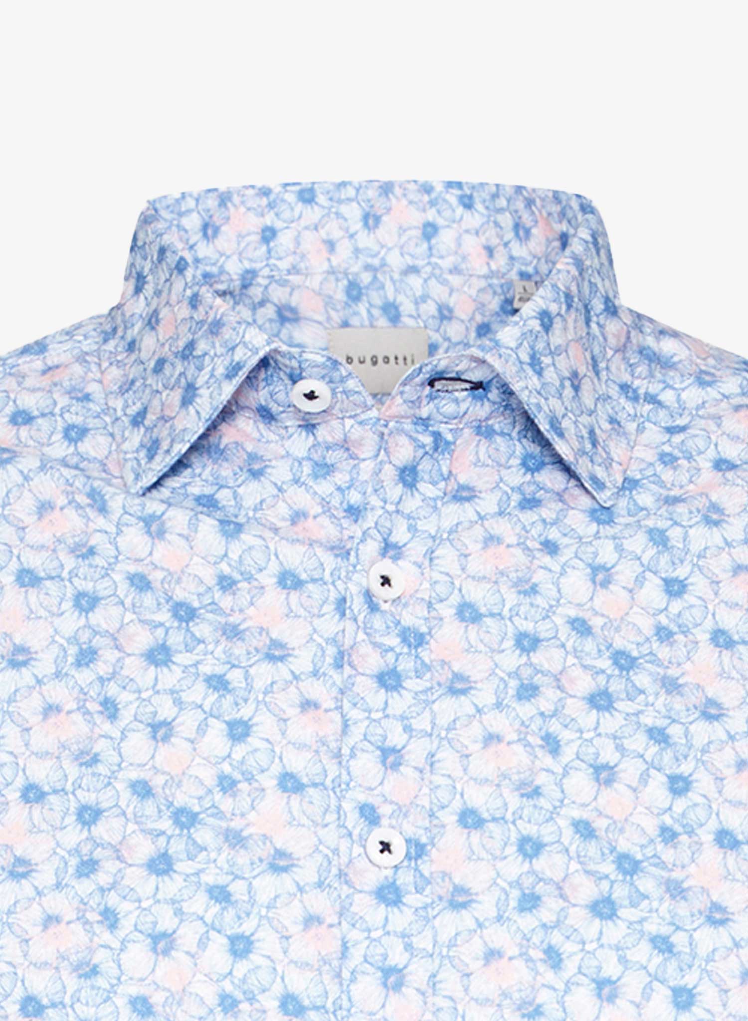 Bugatti Natural Stretch Flower Print Long Sleeve Shirt Blue Front Cropped to show Collar
