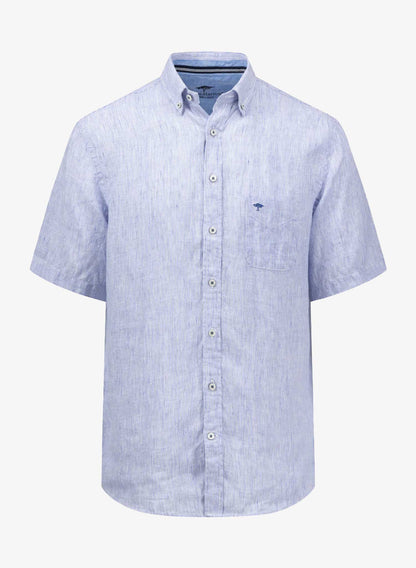 Fynch-Hatton Fine Stripe Pure Linen Short Sleeve Shirt Blue Front