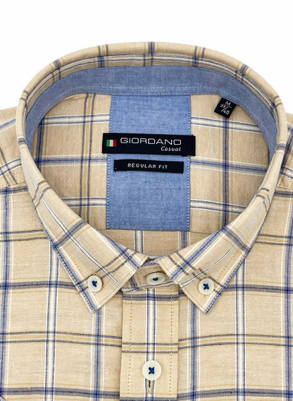 Giordano Beige Check Linen Short Sleeve Shirt cropped to show collar and blue trim