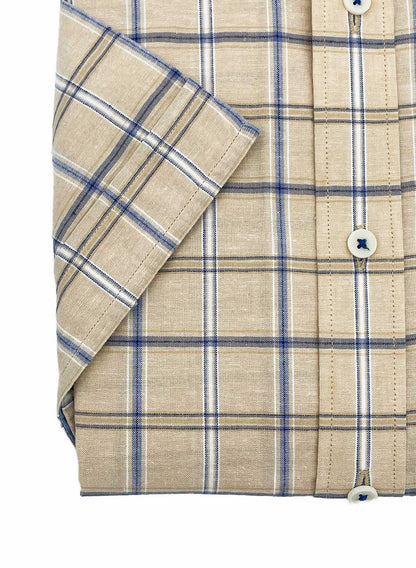 Giordano Beige Check Linen Short Sleeve Shirt Folded Front cropped to show short sleeve