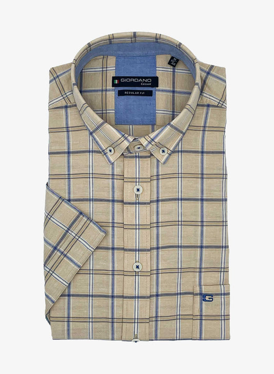 Giordano Beige Check Linen Short Sleeve Shirt