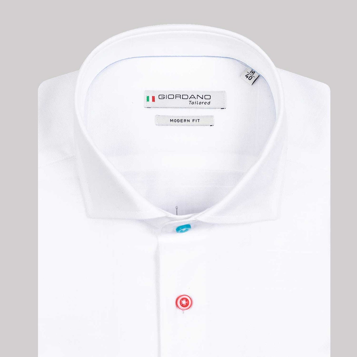 Giordano White Cotton Long Sleeve with Multi Colour Buttons Folded Front cropped to show collar