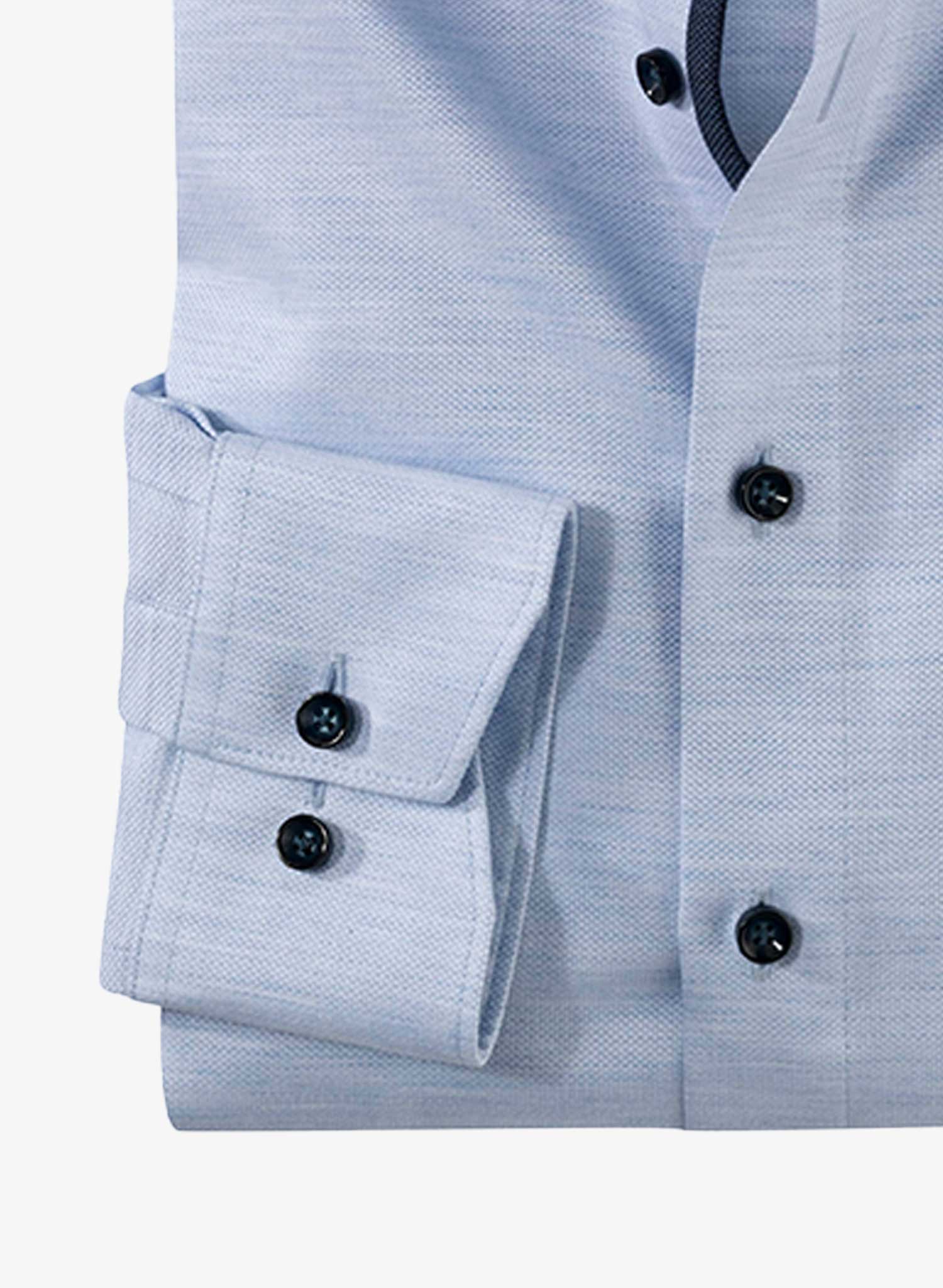 OLYMP Light Blue Long Sleeve Luxor Business Shirt with Navy Twill folded front cropped to show cuff