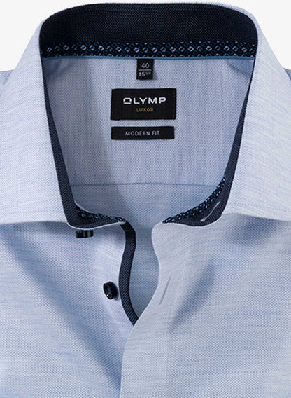 OLYMP Light Blue Long Sleeve Luxor Business Shirt with Navy Twill folded front and cropped to show collar and navy twill
