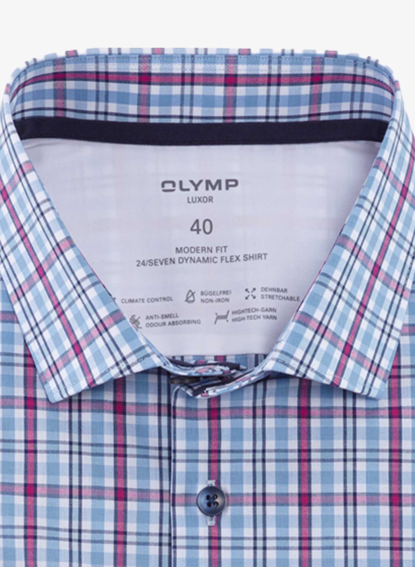 Olymp Blue Check Shirt Short Sleeve 24/Seven Cropped to show Collar