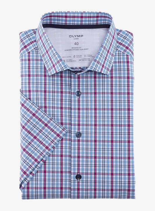 Olymp Blue Check Shirt Short Sleeve 24/Seven Folded Front