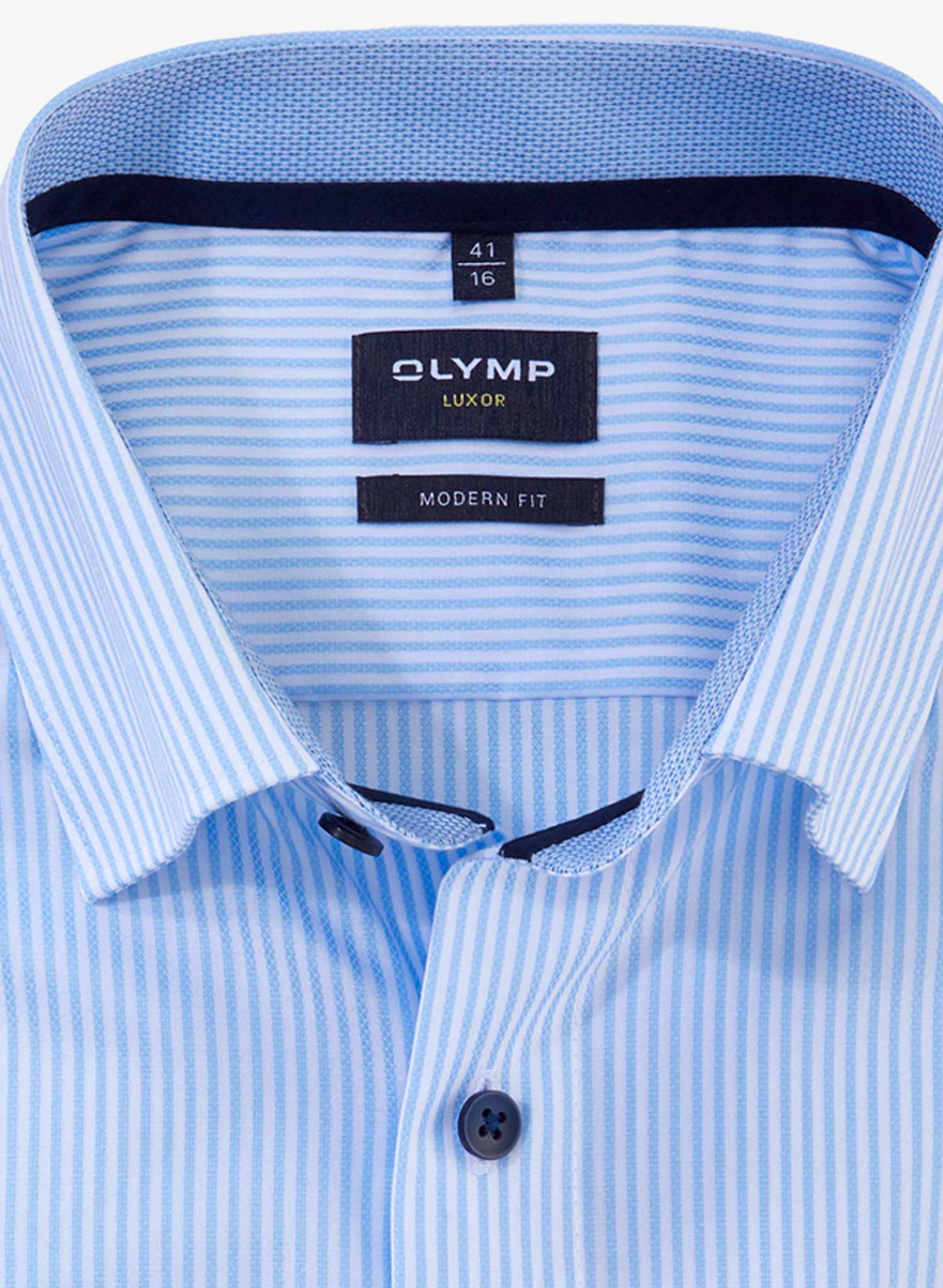 Olymp Luxor Light Stripe Modern Fit Long Sleeve Shirt Blue Folded Front Cropped to show Collar
