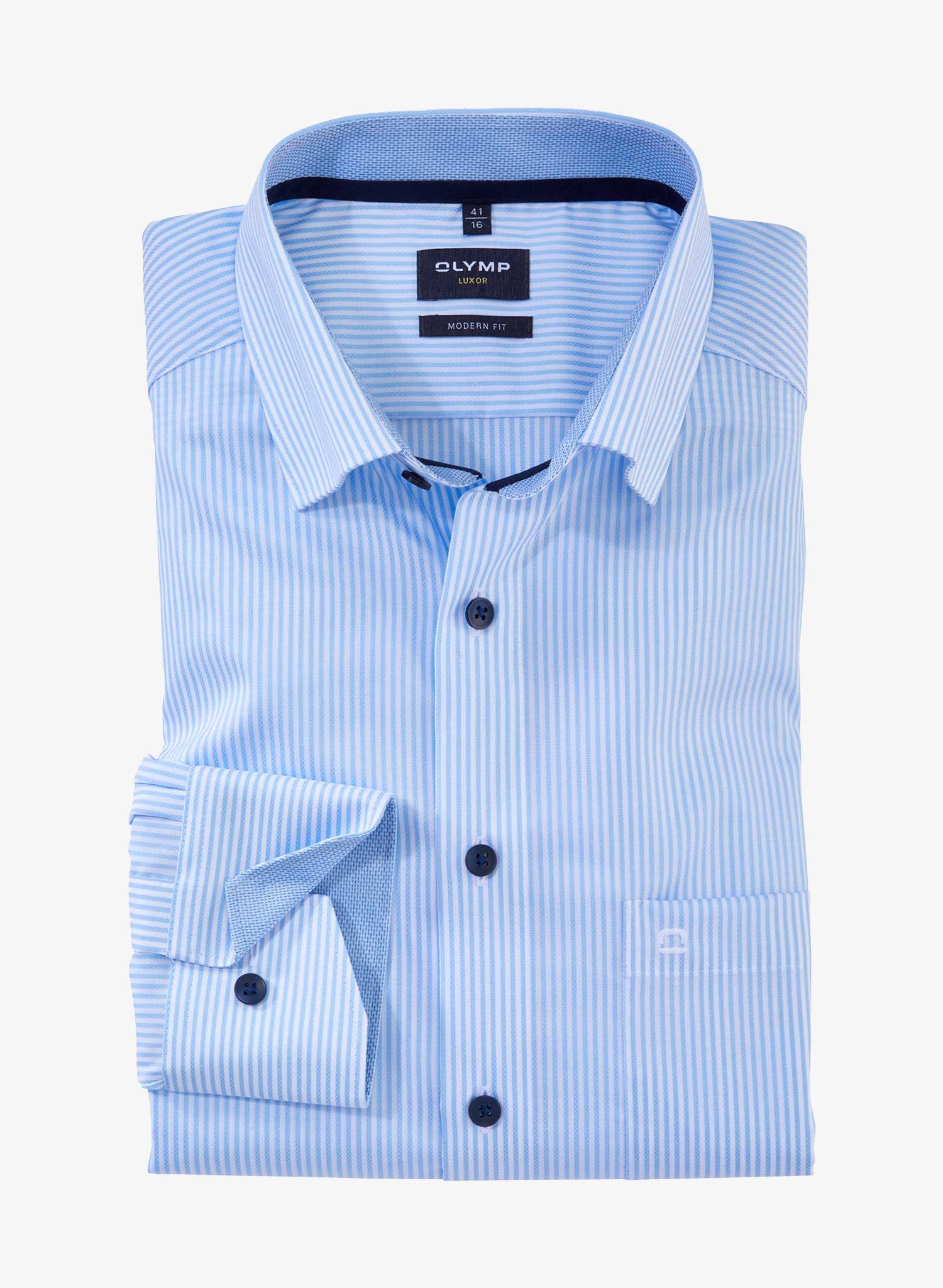 Olymp Luxor Light Stripe Modern Fit Long Sleeve Shirt Blue Folded Front