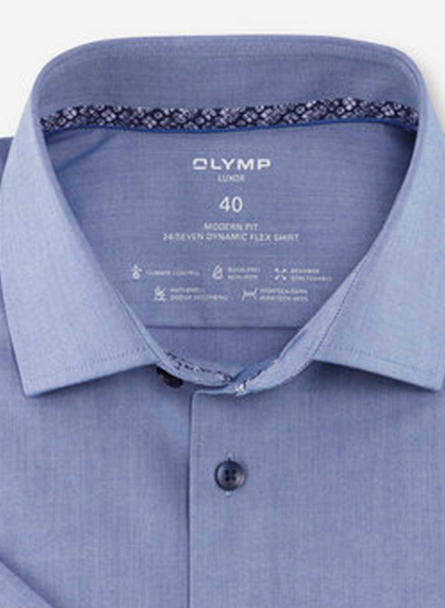 Olymp Luxor Modern Fit Short Sleeve Shirt Blue Folded Front Cropped to show Collar