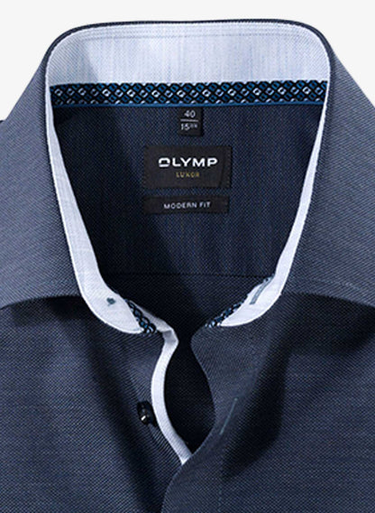 Olymp Luxor Weave Long Sleeve Navy Shirt with Light Blue Twill Folded Front Cropped to show collar and Trim