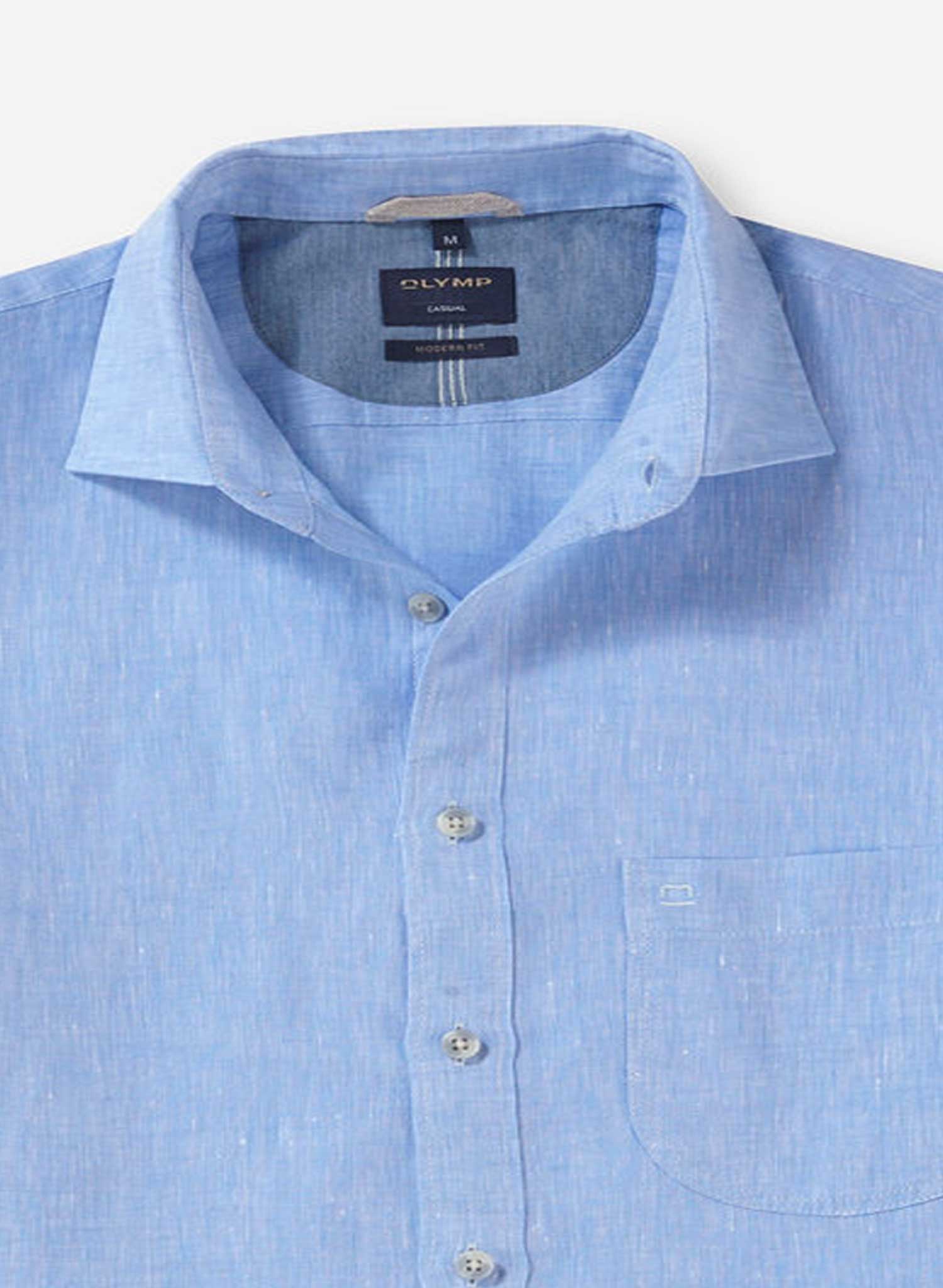 Olymp Short Sleeve Linen Shirt Blue Front Cropped to show Collar