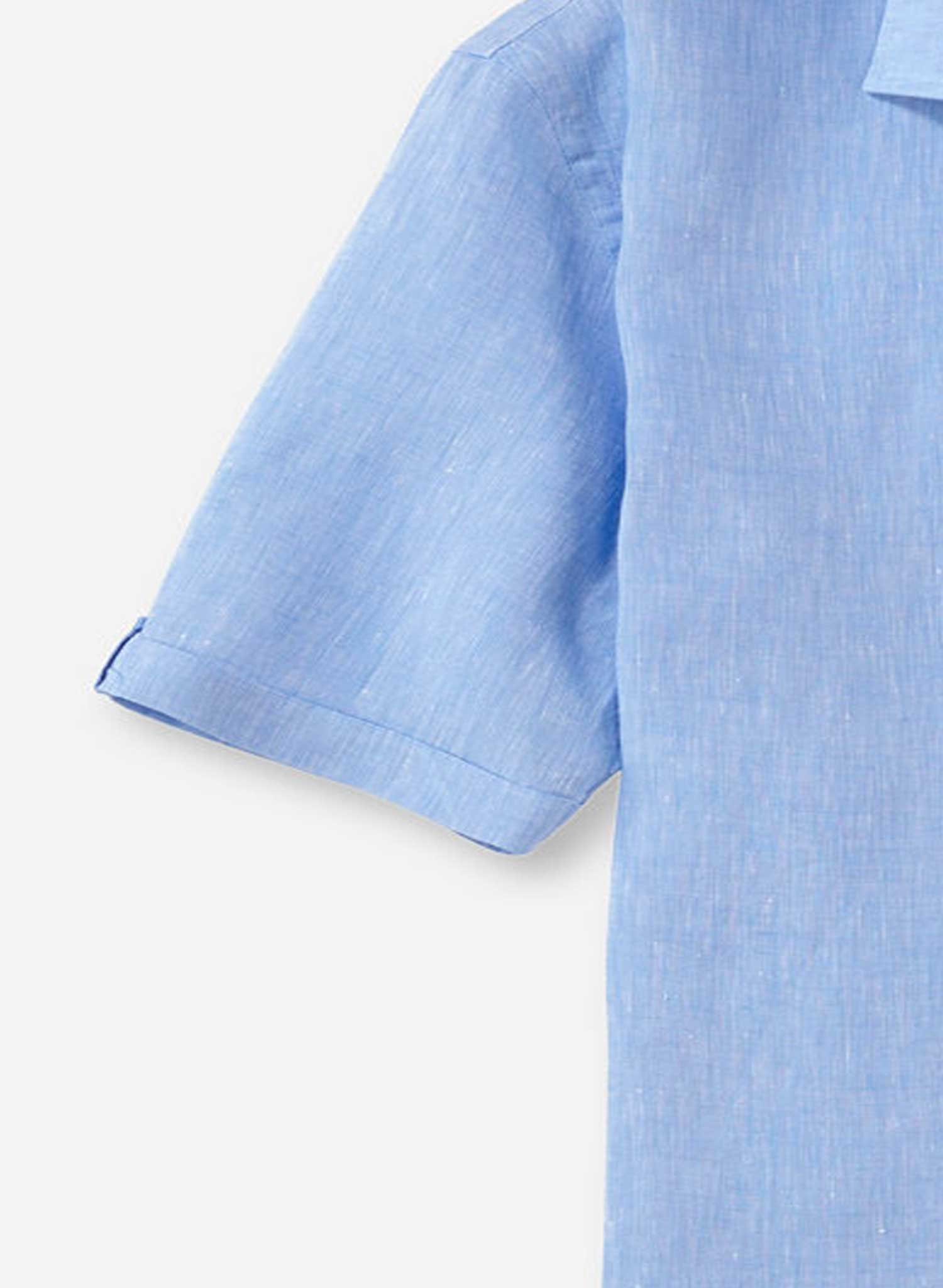 Olymp Short Sleeve Linen Shirt Blue Cropped to show sleeve