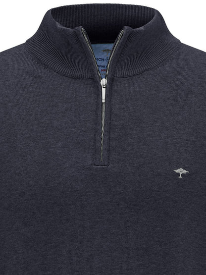 Fynch-Hatton Quarter Zip Cotton Troyer Jumper - Navy cropped to show collar and zip